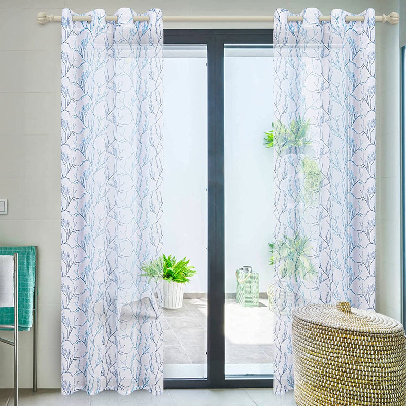 MYSKY HOME Blue Branch Pattern Sheer Curtains 95 Inch Length for Living Room Voile Grommet Window Curtain 2 Panels Home & Garden > Decor > Window Treatments > Curtains & Drapes MYSKY HOME   