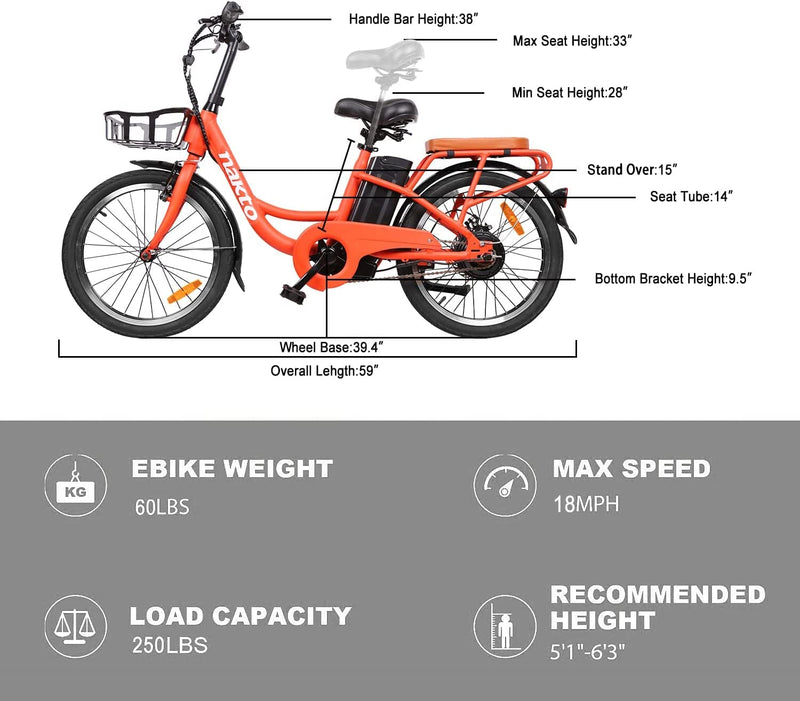 NAKTO 20" Electric Bike,250W Ebike with Removable 36V/10Ah Lithium Battery, Max Speed 20MPH, Electric Commuter Bike with Throttle & Pedal Assist(Orange) Sporting Goods > Outdoor Recreation > Cycling > Bicycles Quzhou Naijiate Vehicle Co.,Ltd   