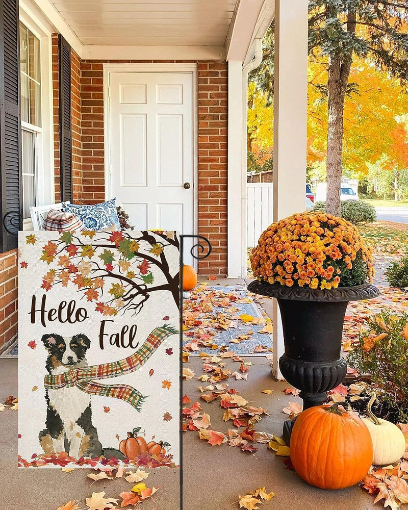 Hello Fall Garden Flags 12X18 Inch Double Sided, Seasonal Dog with Maple Leaves Pumpkins Scarf Small Yard outside Decorations, Harvest Autumn Thanksgiving Farmhouse Holiday Outdoor Décor