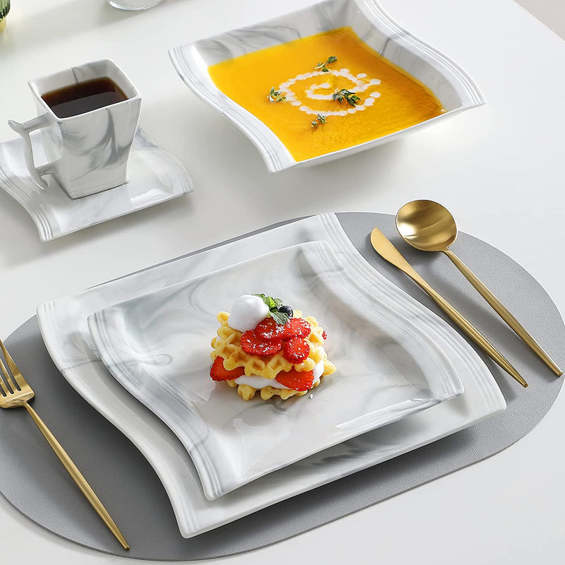 MALACASA Dinnerware Sets, 30 Piece Marble Grey Square Plates and Bowls Sets, Porcelain Dinner Set with Dishes, Plates Set, Cups and Saucers, Modern Dish Set for 6, Series Flora Home & Garden > Kitchen & Dining > Tableware > Dinnerware MALACASA   