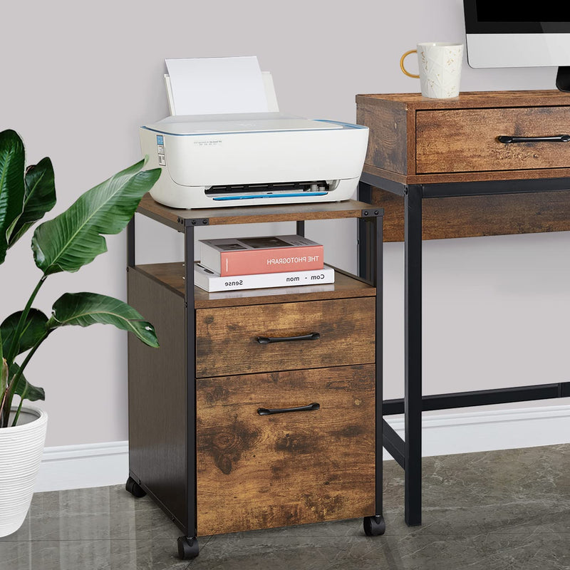 Rolling Filing Cabinet 2 Drawer File Cabinet Industrial Printer Stand for Home Office Small under Desk Cabinet with Open Shelf,Storage Cabinet for A4, Letter Size, Rustic Brown Home & Garden > Household Supplies > Storage & Organization Fameill   