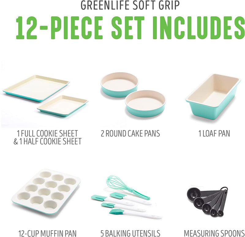 Greenlife Bakeware Healthy Ceramic Nonstick, 12 Piece Baking Set with Cookie Sheets Muffin Cake and Loaf Pans Including Utensils, Pfas-Free, Turquoise