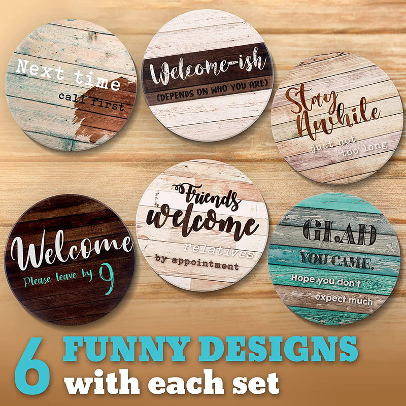Funny Coasters for Coffee Table - 6 Sarcastic Absorbent Stone Cork Drink Coasters, Farmhouse Bar Coasters for Drinks with Holder, Cool Housewarming Gift, New Home - Cup Coster for Wooden Table Home & Garden > Kitchen & Dining > Barware Ultimate Hostess   