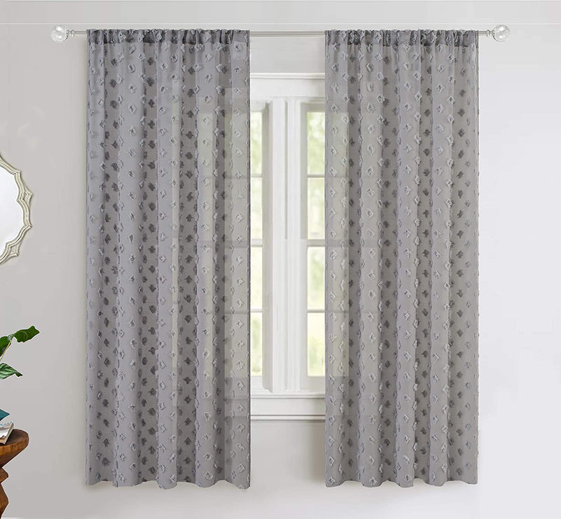 Driftaway Olivia Gray Voile Chiffon Sheer Window Curtains Embroidered with Pom Pom 2 Panels Rod Pocket 52 Inch by 96 Inch Light Gray