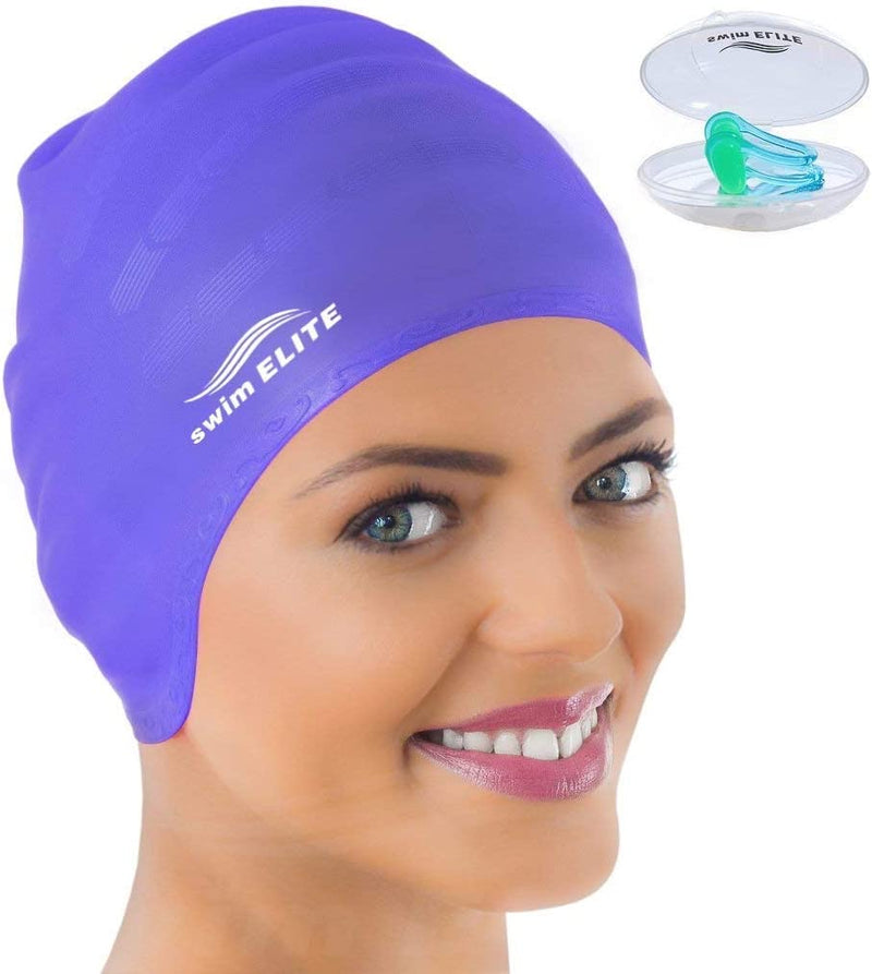 Silicone Swim Cap for Long Hair, Swimming Cap for Women Long Hair, Flexible Adult Swimmers Cap, Waterproof Bathing Swimming Pool Cap with Nose Clip, Stretchy and Lightweight, Keep Hair Dry