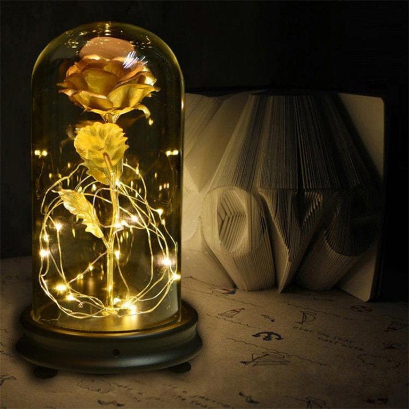 24K Gold Plating Rose Flower in a Glass Dome with LED Light String Women Girls Birthday Valentine'S Day Mother'S Day Christmas Holiday Gift Home & Garden > Decor > Seasonal & Holiday Decorations Joy Guru Gold  