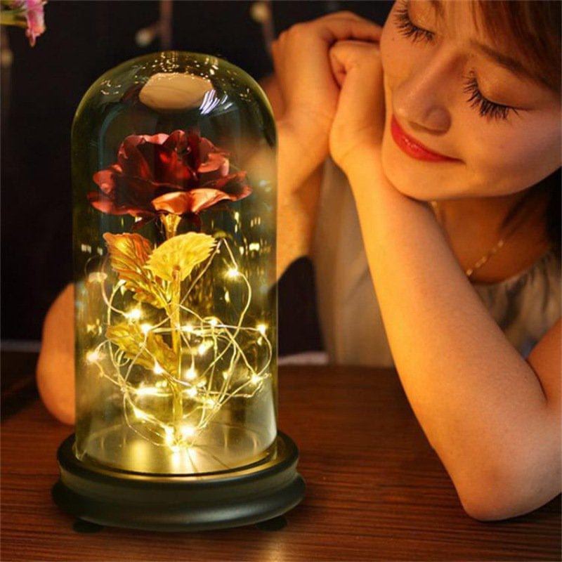 24K Gold Plating Rose Flower in a Glass Dome with LED Light String Women Girls Birthday Valentine'S Day Mother'S Day Christmas Holiday Gift Home & Garden > Decor > Seasonal & Holiday Decorations Joy Guru   