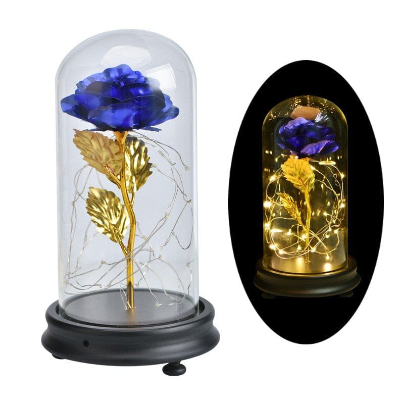 24K Gold Plating Rose Flower in a Glass Dome with LED Light String Women Girls Birthday Valentine'S Day Mother'S Day Christmas Holiday Gift Home & Garden > Decor > Seasonal & Holiday Decorations Joy Guru Blue  