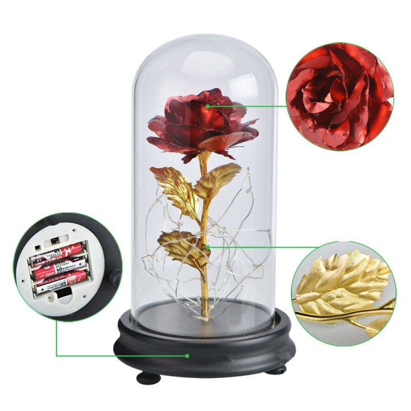 24K Gold Plating Rose Flower in a Glass Dome with LED Light String Women Girls Birthday Valentine'S Day Mother'S Day Christmas Holiday Gift Home & Garden > Decor > Seasonal & Holiday Decorations Joy Guru Red  