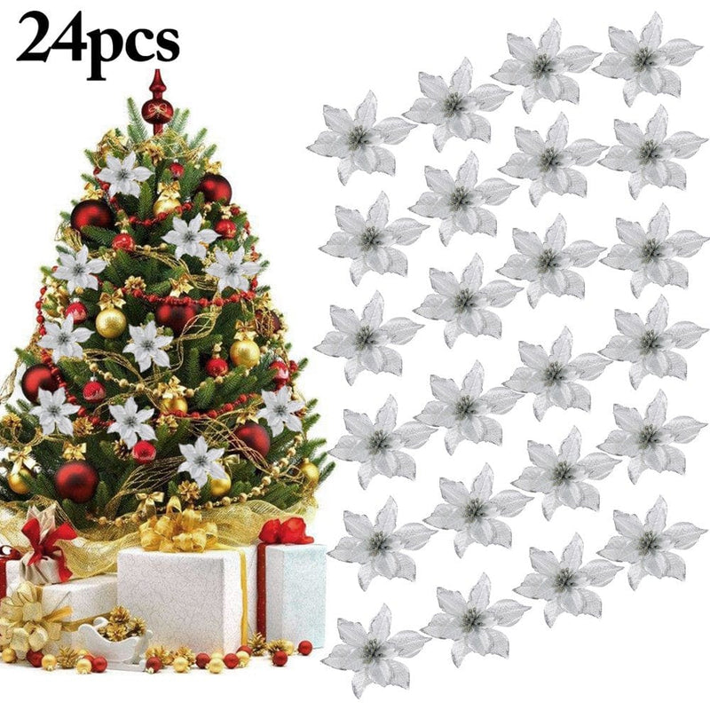 24Pcs 5.91'' Wreaths Decor, Peaoy Glitter Artificial Flowers Wedding Christmas Flowers Xmas Tree Ornaments Party Home Accessories Supplies Decorations Home & Garden > Decor > Seasonal & Holiday Decorations& Garden > Decor > Seasonal & Holiday Decorations Peaoy Silver  