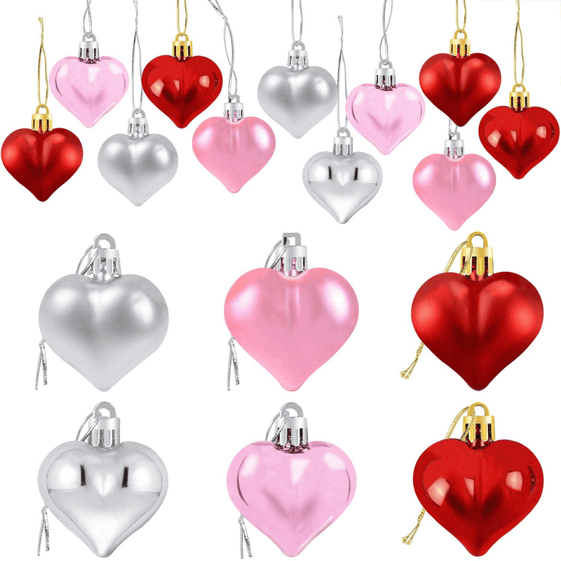24Pcs Valentine'S Day Heart Shaped Ornaments | Valentines Heart Decorations | Red Pink Silver Heart Shaped Baubles | Romantic Valentine'S Day Hanging Decorations Home & Garden > Decor > Seasonal & Holiday Decorations Partyprops   