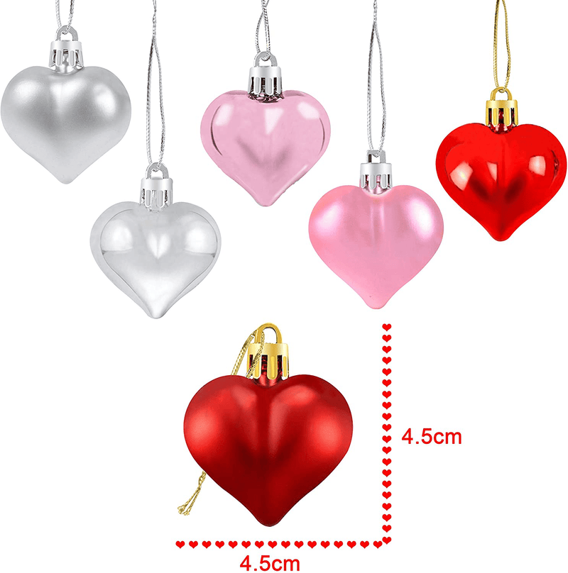 24Pcs Valentine'S Day Heart Shaped Ornaments | Valentines Heart Decorations | Red Pink Silver Heart Shaped Baubles | Romantic Valentine'S Day Hanging Decorations