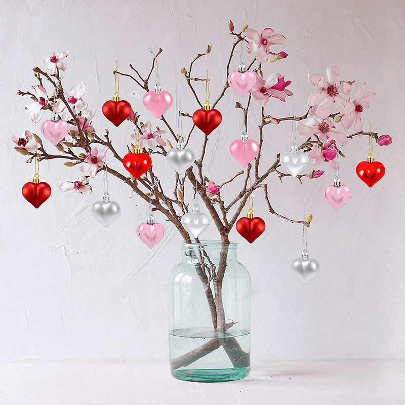 24Pcs Valentine'S Day Heart Shaped Ornaments | Valentines Heart Decorations | Red Pink Silver Heart Shaped Baubles | Romantic Valentine'S Day Hanging Decorations