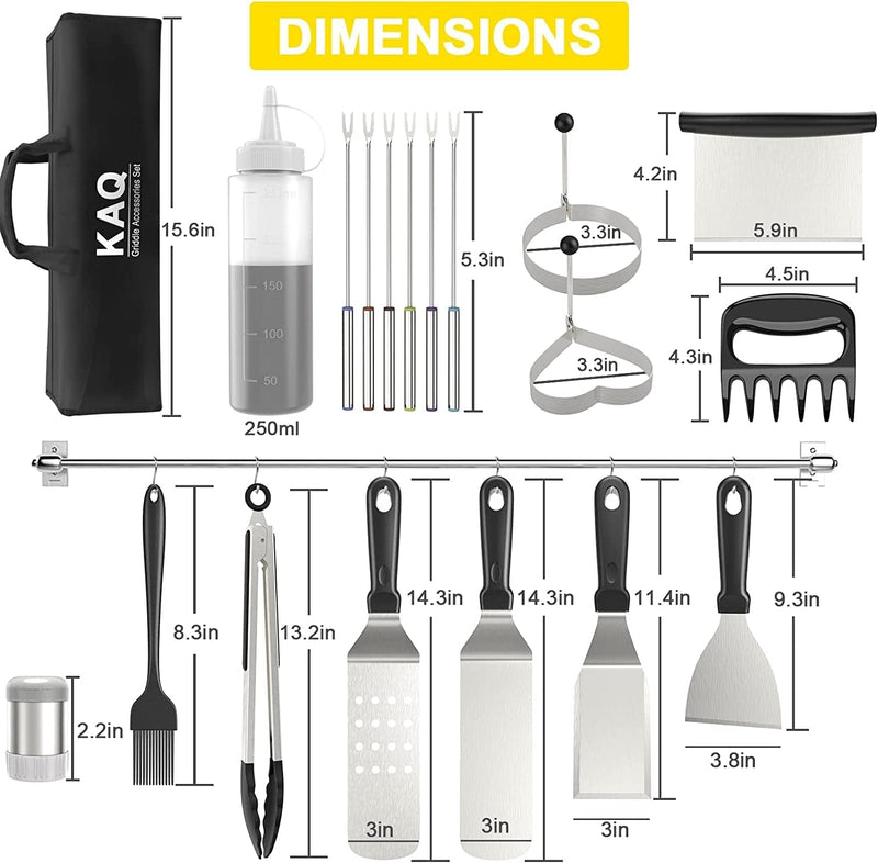 25 PCS Griddle Accessories Set, Professional Flat Top Blackstone Griddle Grill Kit, with Spatula Tools, Scraper, Tongs, Egg Rings, Carrying Bag for Indoor & Outdoor BBQ Cooking, Dishwasher Safe