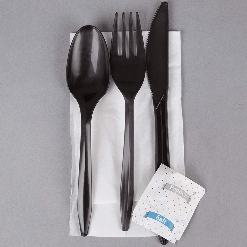 250 Plastic Cutlery Packets - Knife Fork Spoon Napkin Salt Pepper Sets | Black Plastic Silverware Sets Individually Wrapped Cutlery Kits, Bulk Plastic Utensil Cutlery Set Disposable To Go Silverware