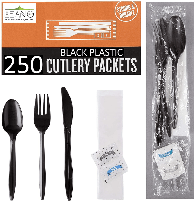 250 Plastic Cutlery Packets - Knife Fork Spoon Napkin Salt Pepper Sets | Black Plastic Silverware Sets Individually Wrapped Cutlery Kits, Bulk Plastic Utensil Cutlery Set Disposable To Go Silverware Home & Garden > Kitchen & Dining > Tableware > Flatware > Flatware Sets Supellectilem 250 Pack  
