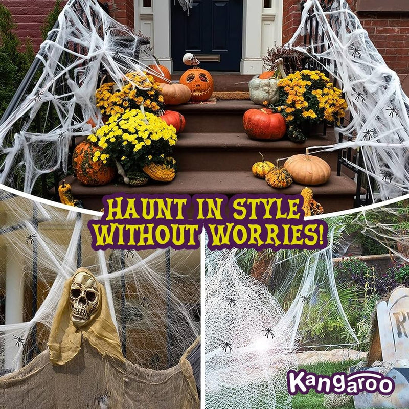 Kangaroo Spider Webs & Fake Spiders for Halloween Decorations Indoor & Outdoor I Spooky 200 Square Feet Cobweb Halloween Party Decorations I Giant Spider Web Decoration for Scary Halloween Decorations  Kangaroo Manufacturing   