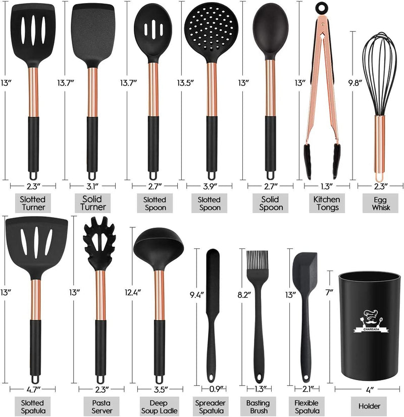 Silicone Cooking Utensil Set, 14Pcs Kitchen Utensils Set Non-Stick Heat Resistant Cookware Copper Stainless Steel Handle Cooking Tools Turner Tongs Spatula Spoon - BPA Free, Non Toxic