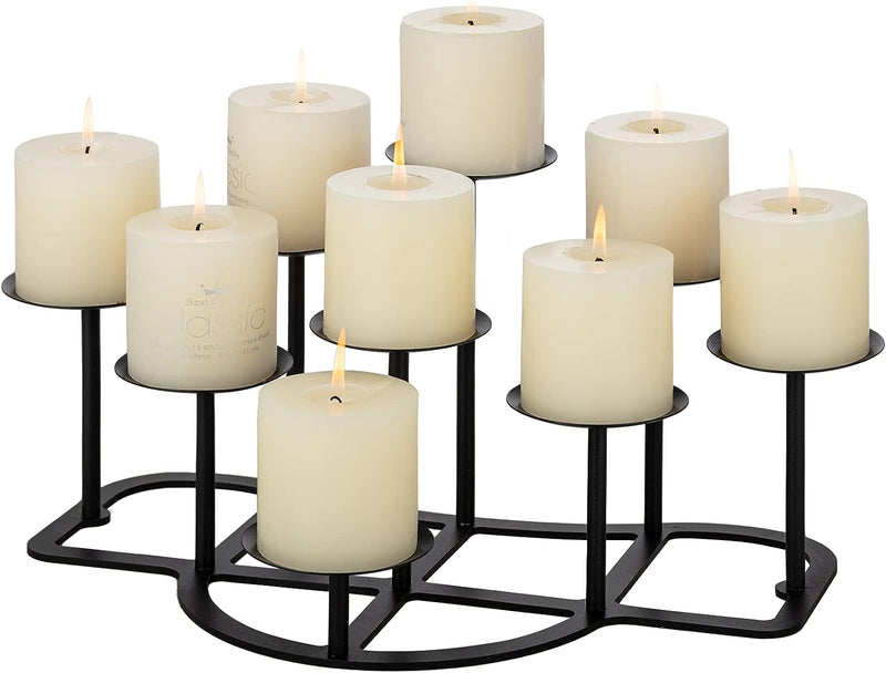 9 Arms Black Candelabra for inside Fireplace - Metal Candle Holder for Tealight Pillar Candles Stand Iron Table Centrepiece Mantle Floor Decor