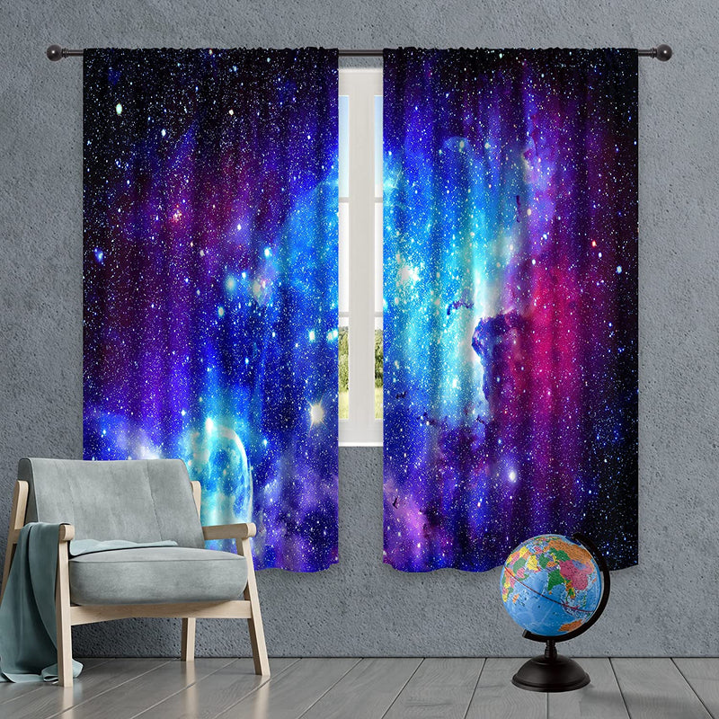 Riyidecor Galaxy Outer Space Nebula Curtains (2 Panels 42 X 63 Inch) Blue Rod Pocket Universe Planets Boys Fantasy Starry Black Art Printed Living Room Bedroom Window Drapes Treatment Fabric WW-CLLE Home & Garden > Decor > Window Treatments > Curtains & Drapes Pan na Blue 42Wx63H 