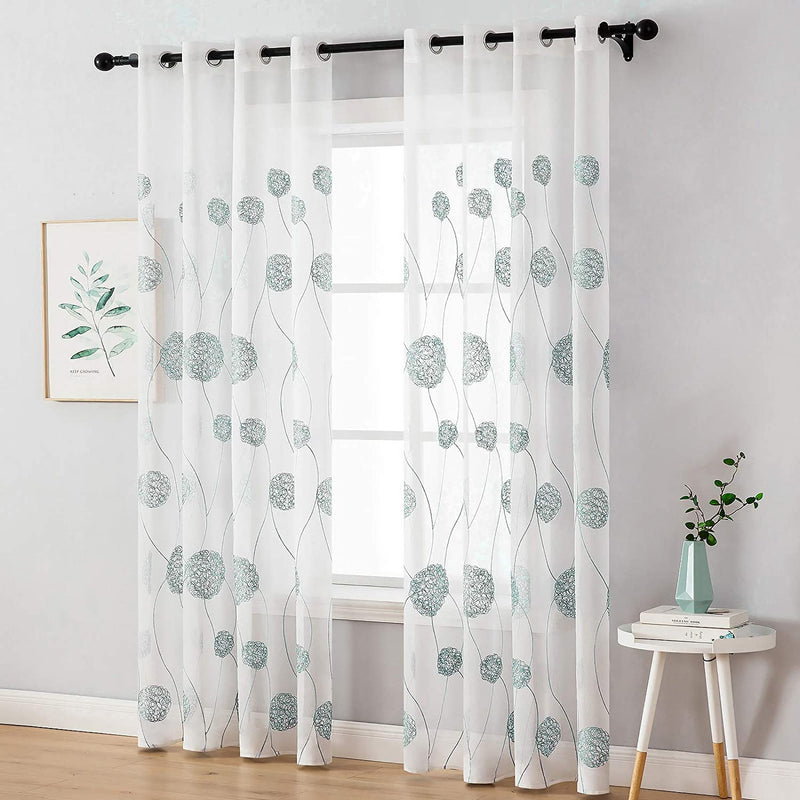 MIULEE Sheer Curtains Embroidered Floral Design Boho Curtain Drapes for Living Room Bedroom Window Grommet Top 54 X 84 Inch Blue, 2 Panels