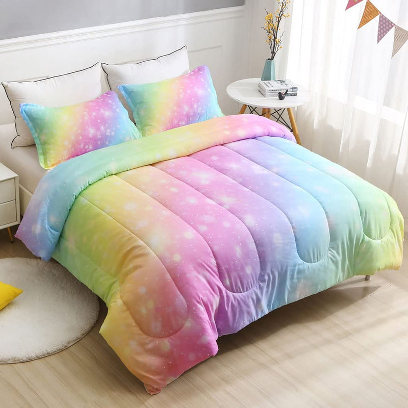 SIRDO Girls Unicorn Bedding Set 3 Piece Rainbow Comforter Set for Teen Girls Adults with Sparkle Stars Soft Bedding Sets Machine Washable, Pink, Twin Home & Garden > Linens & Bedding > Bedding SIRDO Rainbow Twin 