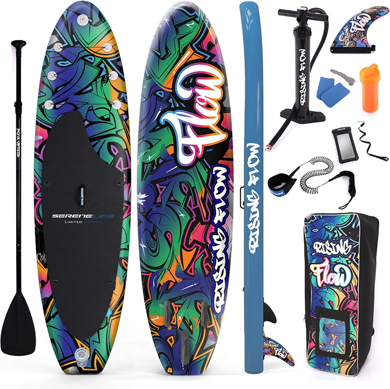Serenelife Inflatable Stand up Paddle Board (6 Inches Thick) with Premium SUP Accessories & Carry Bag | Wide Stance, Bottom Fin for Paddling, Surf Control, Non-Slip Deck | Youth & Adult Standing Boat Sporting Goods > Outdoor Recreation > Fishing > Fishing Rods SenerelifeHome Black Paddle Board 