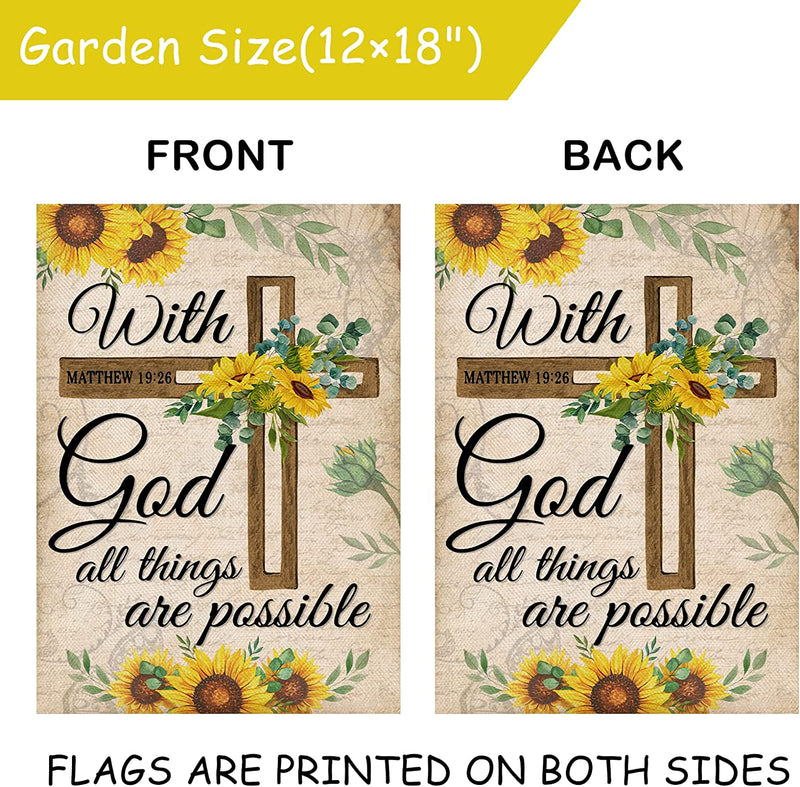 Selmad with God All Things Are Possible Easter Religious Garden Flag, Spring Summer Cross Small Outdoor Faith Home Yard Decor, Fall Autumn Inspirational Sunflowers outside Decoration Double Sided 12 X 18  Selmad   
