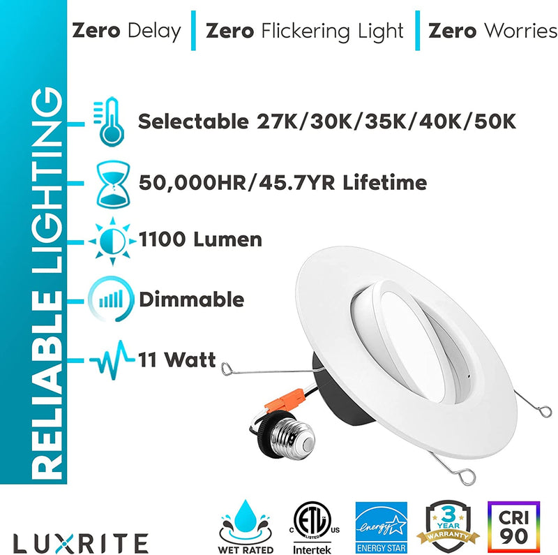 Luxrite 5/6 Inch Gimbal LED Recessed Lighting Can Lights, 11W=90W, 5 Color Selectable 2700K-5000K, CRI 90, Dimmable Adjustable LED Downlight, 1100 Lumens, Wet Rated, Energy Star, ETL Listed (4 Pack) Home & Garden > Lighting > Flood & Spot Lights Luxrite   