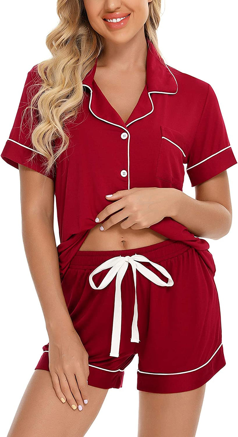 Samring Women'S Button down Pajama Set V-Neck Short Sleeve Sleepwear Soft Pj Sets S-XXL  Samring A Style Pants No Pockets-wine Red Medium 