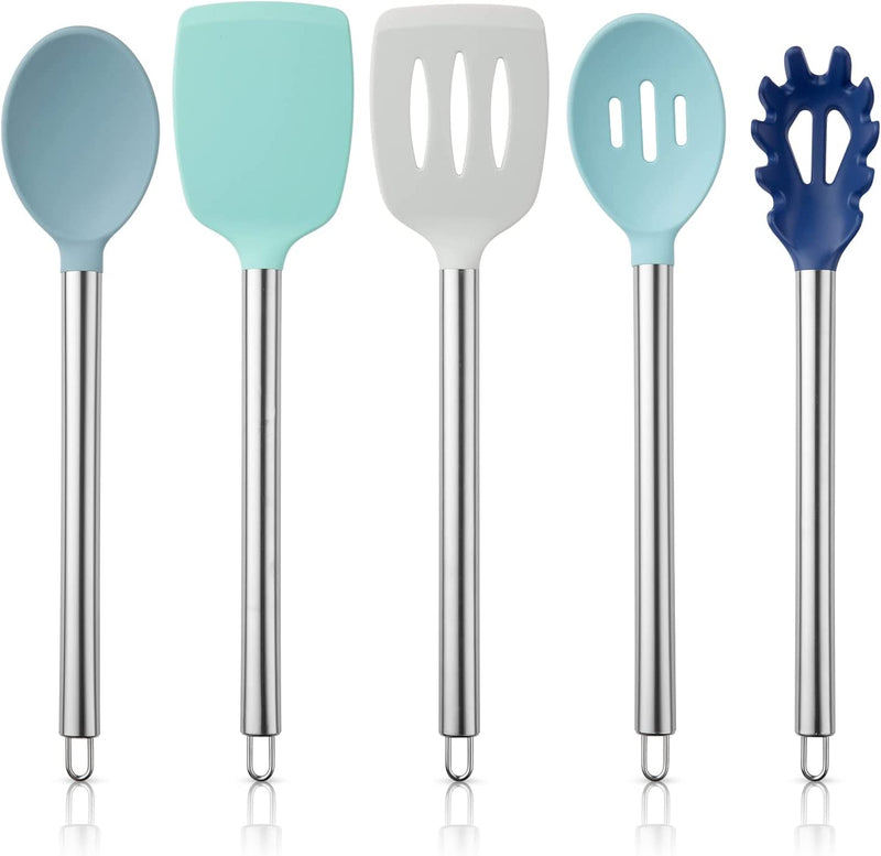 COOK with COLOR Silicone Cooking Utensils, 5 Pc Kitchen Utensil Set, Easy to Clean Silicone Kitchen Utensils, Cooking Utensils for Nonstick Cookware, Kitchen Gadgets Set (Green Ombre) Home & Garden > Kitchen & Dining > Kitchen Tools & Utensils Enchante Direct Ombre Blue  