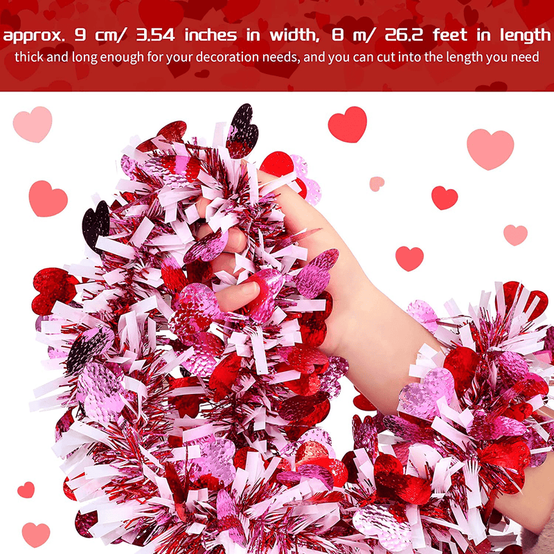 26.2 Feet Heart Tinsel Garland Valentines Metallic Tinsel Twist Garland Shiny Hanging Decoration for Valentines Christmas Tree Wreath Wedding Party Supplies (Red Pink White)
