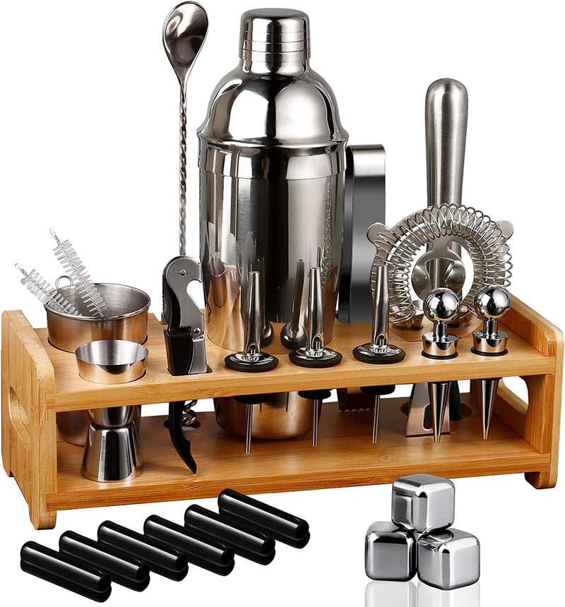 26-Piece Bartender Kit Cocktail Shaker Set | Stainless Steel Bar Set with Bamboo Stand Bar Tools Cocktail Kit for Drink Mixing,Home,Bar,Party, Gift Bartending Kit with 3 Whiskey Stones(Silver)