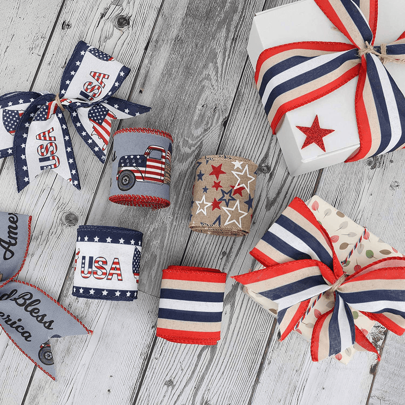 26 Yard Patriotic Burlap Ribbons Independence Wired Edge Ribbon Stripes Stars USA Flag Pattern for Memorial Day 4th of July President's Day Decorations DIY Wrapping Crafts, 2.5" x 6.5 Yards (4 Rolls)