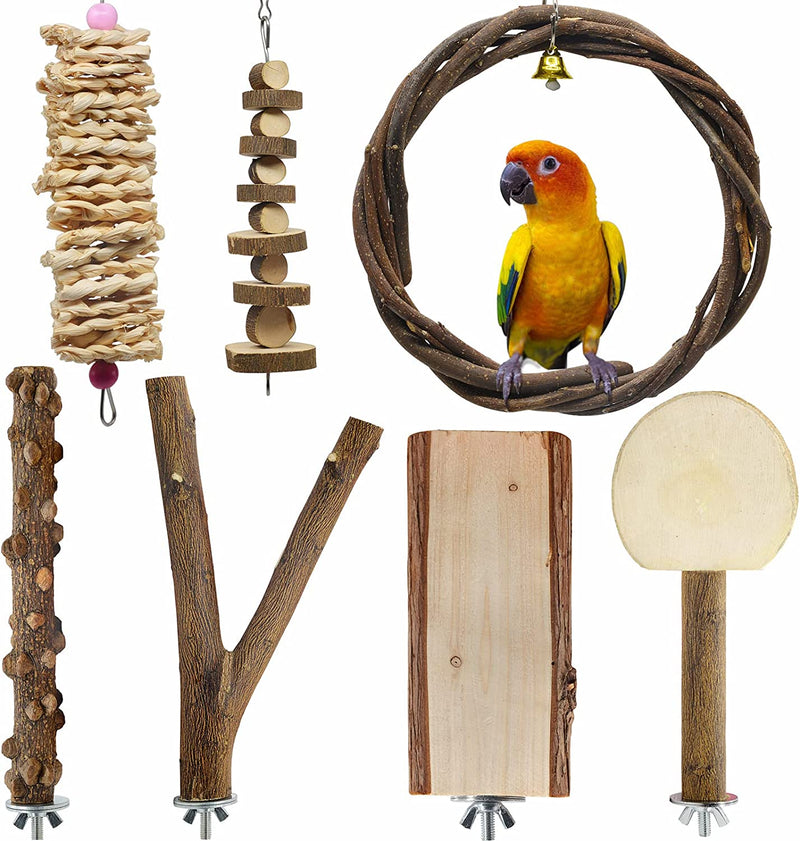 LIMIO 7 PCS Bird Parrot Swing Chewing Toys Natural Wood Bird Perch Bird Cage Toys Suitable for Small Parakeets, Cockatiels, Conures, Finches,Budgie, Parrots, Love Birds Animals & Pet Supplies > Pet Supplies > Bird Supplies > Bird Cages & Stands LIMIO   