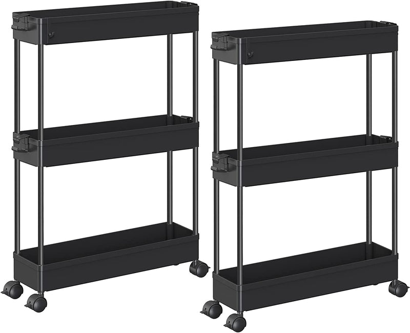 SPACEKEEPER Slim Storage Cart, 3 Tier Bathroom Storage Organizer Rolling Utility Cart Mobile Shelving Unit Slide Out Storage Tower Rack for Kitchen Laundry Narrow Places, Grey, 2 Pack