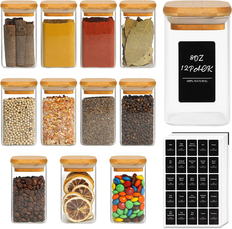 Comsaf 12Pcs Glass Spice Jars with Bamboo Lid, 8Oz Airtight Square Spice Containers with 275 Black Lables, Empty Seasoning Jars for Spice Salt Sugar Home & Garden > Decor > Decorative Jars ComSaf 12 8oz 