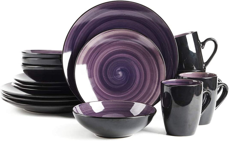 Homevss, Sonoma Stoneware Dinnerware Set, outside Black + inside Hand Painting Color (16Pc Set, Purple)