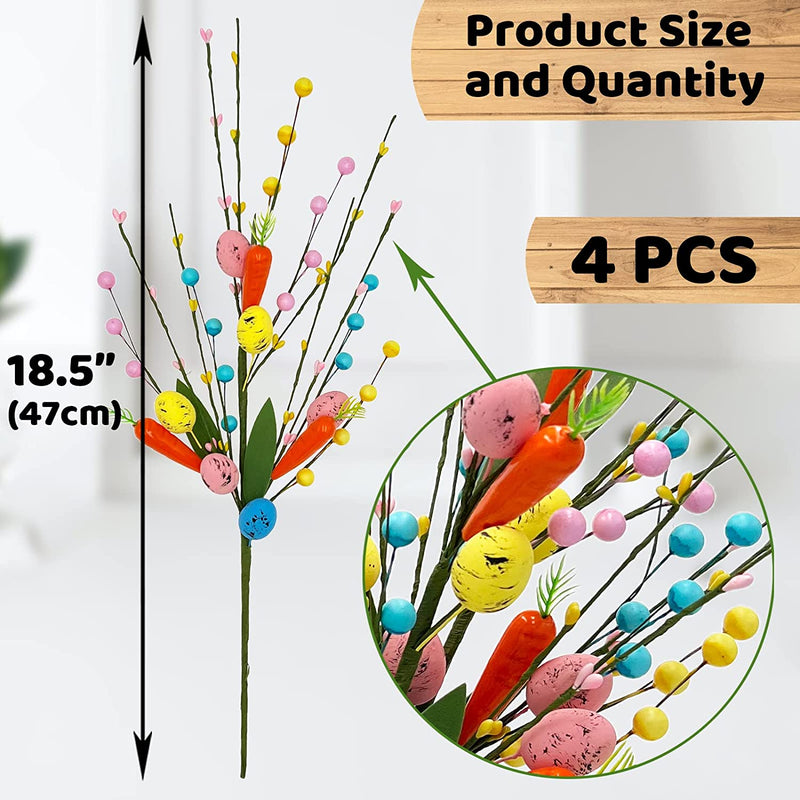 Hananona Artificial Easter Egg Flowers, 4 Pcs Easter Sprays with Easter Eggs，Carrot and Berries Spring Floral Stems Easter Egg Twig Branches for Easter Arrangement Centerpiece (4, Easter) Home & Garden > Decor > Seasonal & Holiday Decorations Hananona   