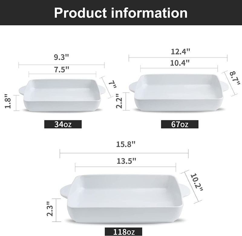 Hasense Ceramic Baking Dish with Handles,Porcelain Bakeware Set of 3,Casserole Dish for Oven,Cake,Dinner,Kitchen,Wedding,Party,Daily Use(White) Home & Garden > Kitchen & Dining > Cookware & Bakeware Hasense   