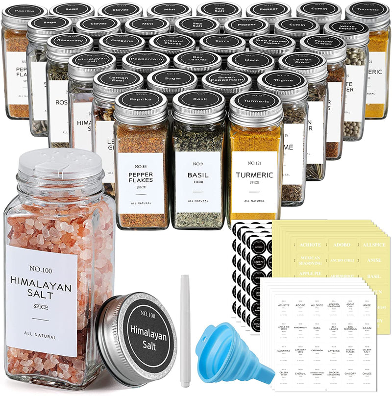 NETANY 36 Pcs Spice Jars with Labels - Glass Spice Jars with Shaker Lids, Minimalist Farmhouse Spice Labels, Collapsible Funnel, 4Oz Seasoning Storage Bottles for Spice Rack, Cabinet, Drawer
