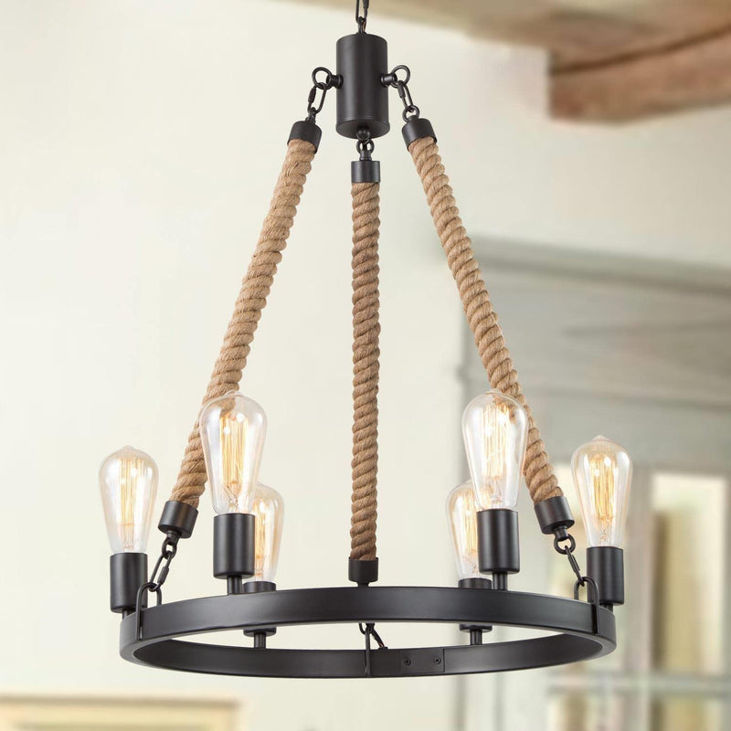 LNC Farmhouse Chandeliers Rustic round Wagon Wheel 6-Light Fixture with Rope for Dining & Living Room, Bedroom and Foyer Home & Garden > Lighting > Lighting Fixtures > Chandeliers LNC   