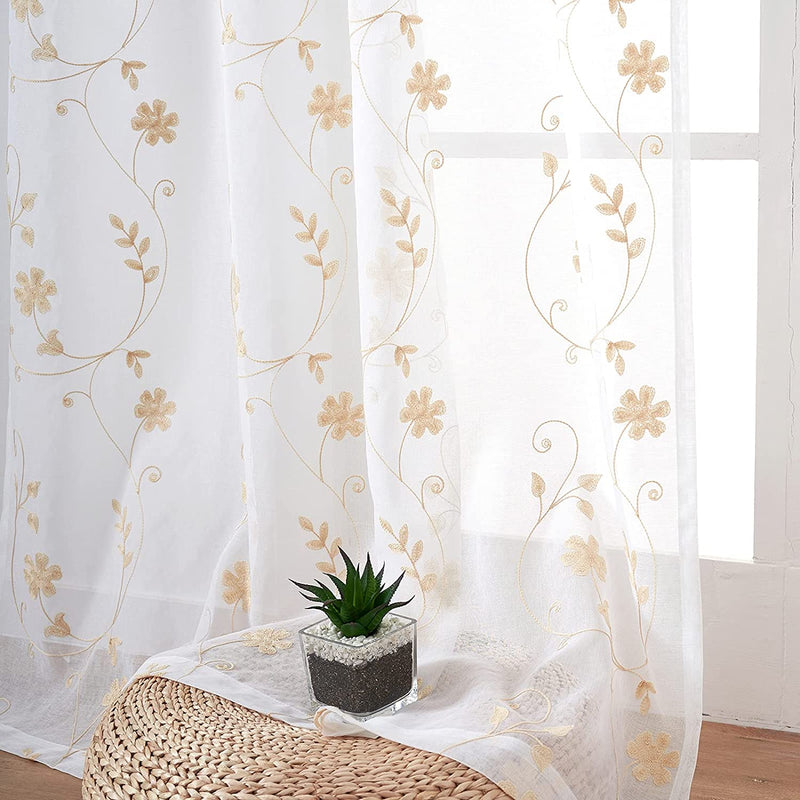 Floral Blue Sheer Curtains 63 Inch Length 2 Panels, Embroidered Sheer Curtains for Living Room, Rod Pocket Semi Sheer Drapes Window Curtain Panels for Kitchen, Bedroom, White and Blue, 52 X 63 Inch Home & Garden > Decor > Window Treatments > Curtains & Drapes CaaMoo Beige 52" W x 96" L 