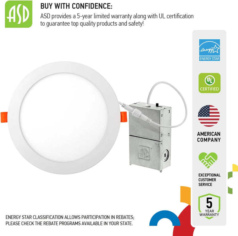 ASD 4 Pack Ultra Thin 8 Inch LED Recessed Lights, 5 CCT 2700K-5000K Selectable, 20W 70W Eqv, round Ceiling Dimmable Canless Wafer Downlight with Junction Box, 1746Lm High Brightness - UL Energy Star