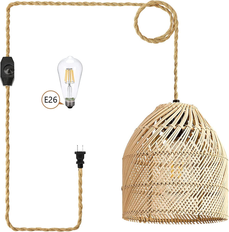 Yarra Decor Rattan Pendant Light with Dimmable Switch, 15Ft Hemp Cord Handwoven Boho Bamboo Rattan Lamp Shade Plug in Hanging Light, Rattan Light Fixture for Kitchen Island,Dining Room(Bulb Included)3