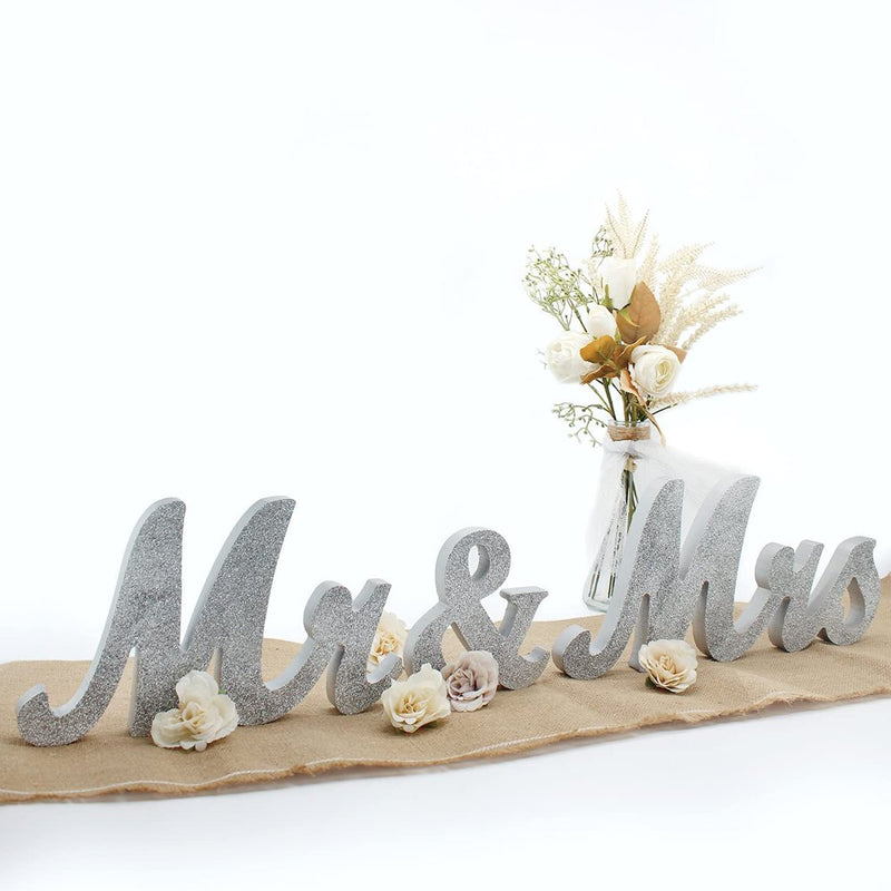 Husfou Mr & Mrs Signs Table Decorations for Wedding, Glitter Decorative Wooden Letters, Rustic Romantic Signs for Valentines Day Party Wedding Decor, Silver Home & Garden > Decor > Seasonal & Holiday Decorations Husfou LLC Silver  