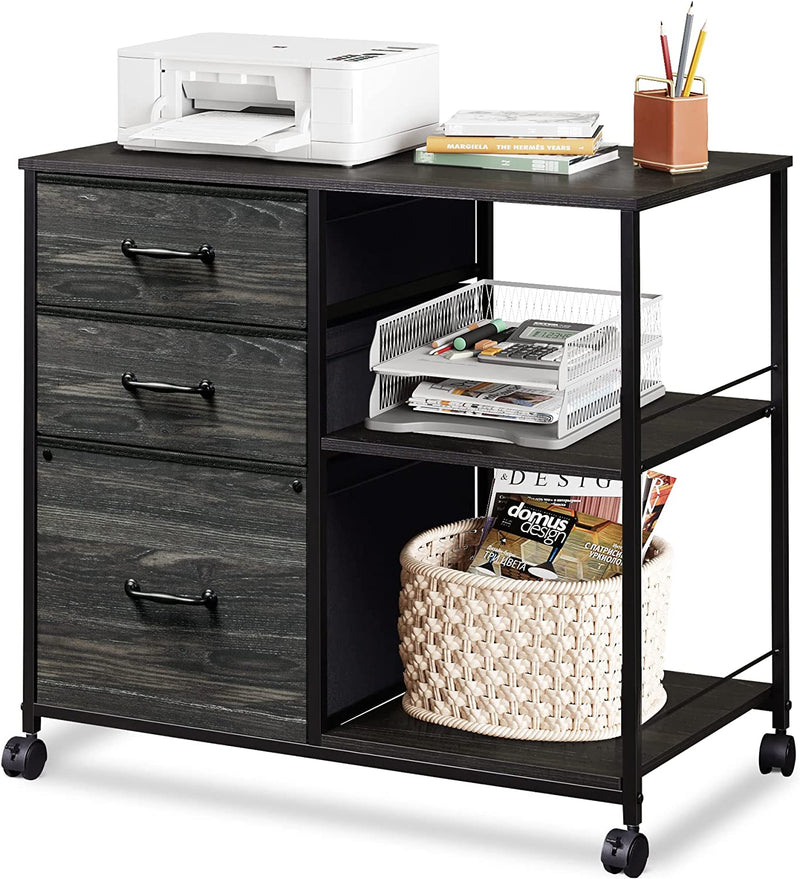 DEVAISE 3 Drawer Mobile File Cabinet, Rolling Printer Stand with Open Storage Shelf, Fabric Lateral Filing Cabinet Fits A4 or Letter Size for Home Office, Rustic Brown Home & Garden > Household Supplies > Storage & Organization DEVAISE Charcoal black wood grain print  