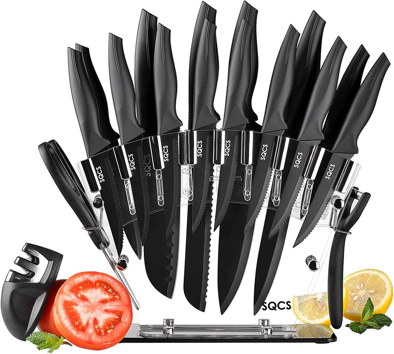 Knife Set,18 Pcs Kitchen Knives Set, Sharp Stainless Steel Knife Sets Contain 8 Steak Knives, Sharpener, Peeler, Clear Acrylic Stand, Dishwasher Safe, Best Gift (Black)