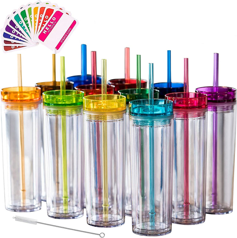 SKINNY TUMBLERS 12 Colored Acrylic Tumblers with Lids and Straws | Skinny, 16Oz Double Wall Clear Plastic Tumblers with FREE Straw Cleaner & Name Tags! Reusable Cup with Straw (Multicolors, 12) Home & Garden > Kitchen & Dining > Tableware > Drinkware STRATA CUPS 24 Count (Pack of 1)  