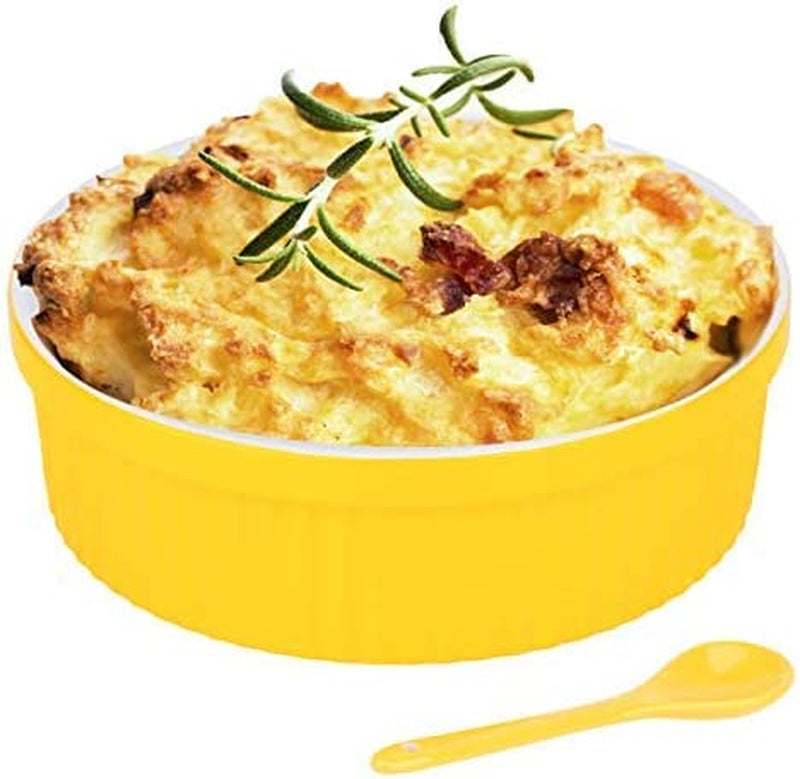 Souffle Dish Ramekins for Baking – 32 Oz, 1 Quart Large Ceramic Oven Safe round Fluted Bowl with Mini Condiment Spoon for Soufflé Pot Pie Casserole Pasta Roasted Vegetables Desserts (Aqua/Green Set) Home & Garden > Kitchen & Dining > Cookware & Bakeware Duido Yellow 32 Oz 